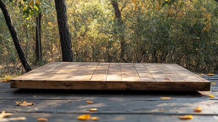 Empty Wooden Platform Surrounded by Nature in Autumn Forest Setting with Fallen Leaves and Sunlight Filtering Through Trees