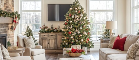 Obraz premium Cozy living room with a beautifully decorated Christmas tree and festive holiday decor creating a warm celebratory atmosphere
