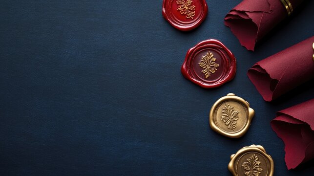 Elegant flat lay composition of vintage wax seals in red and gold on a deep navy background showcasing classic stationery aesthetics.