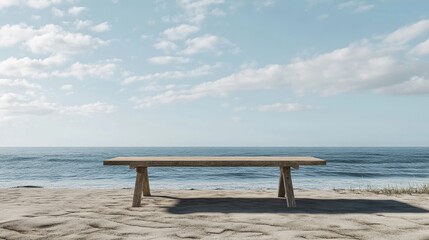 Wooden Table Mockup on Serene Beach with Overcast Sky and Tranquil Ocean Horizon