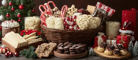 Christmas gift basket overflowing with gourmet treats and festive decorations ideal for holiday celebrations and gifting occasions