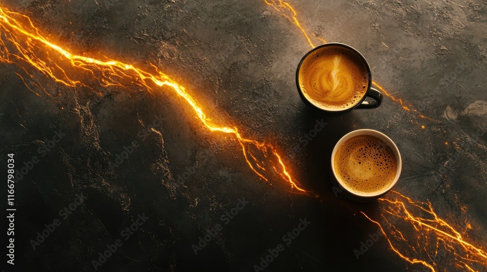 Poster coffee cups on textured backdrop with warm light streak highlighting the rich patterns and textures 
