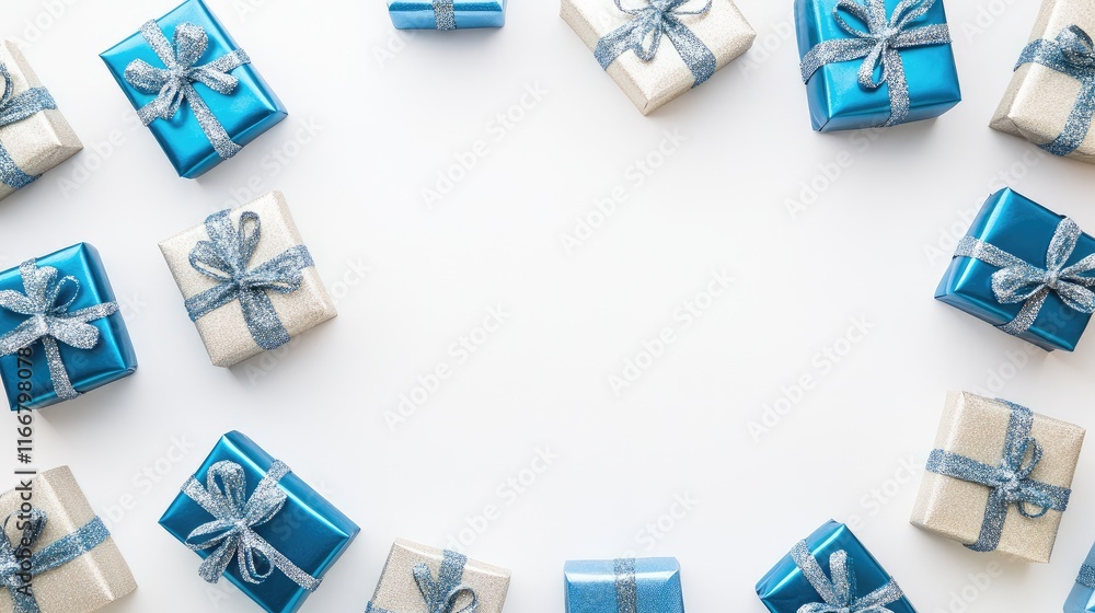Poster festive flat lay of silver and blue gift boxes arranged in a circular frame on a white background wi