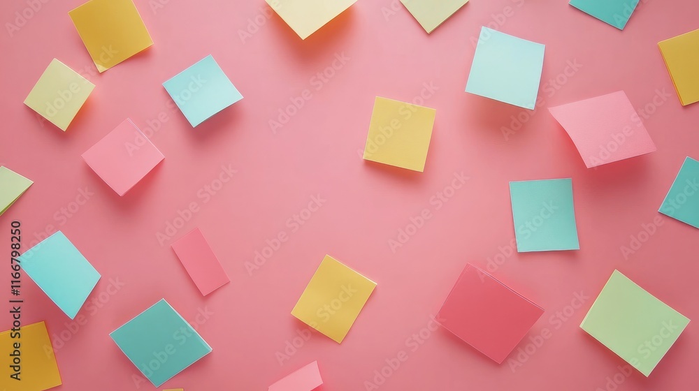 Poster assorted colorful sticky notes scattered on a pink background with ample empty space for adding text