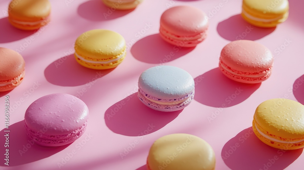 Poster vibrant macarons arranged in a flat lay on a pastel pink backdrop creating a delightful bakery theme