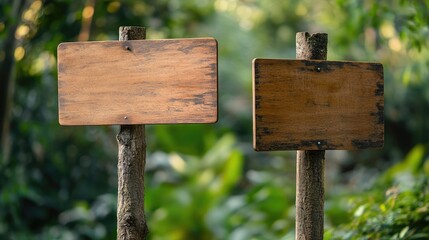 Wooden signboard template on rustic posts in serene green forest setting for customizable advertising or directional signage use
