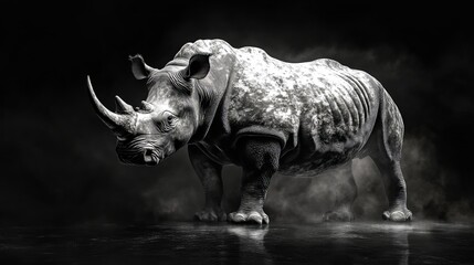Fototapeta premium A majestic yet formidable creature, the mighty African rhino commands attention with its captivating presence. Its robust frame and distinct features, including its horned countenance