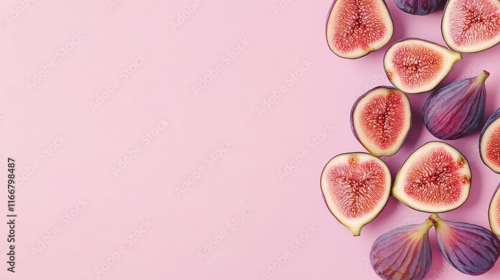 Poster fresh figs whole and sliced arranged in a flat lay on a soft pink background showcasing vibrant colo