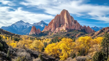 Fototapeta premium Majestic autumn landscape showcasing rocky peaks surrounded by vibrant fall foliage and a clear blue sky.