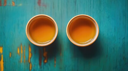 Golden honey poured into small round cups on a textured blue wooden surface showcasing a natural and inviting honey experience.