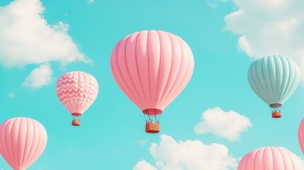 Obraz premium Colorful Hot Air Balloons Floating in a Clear Sky with Soft Clouds, Perfect for Travel and Adventure Themes, Evoking a Sense of Freedom and Exploration