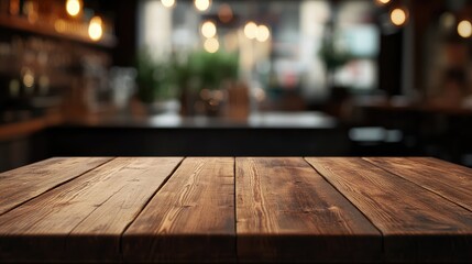 Empty Rustic Wooden Kitchen Table with Blurred Cozy Kitchen Background Ideal for Culinary and Interior Design Themes