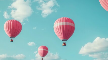 Obraz premium Vibrant Hot Air Balloons Soaring Against a Clear Blue Sky with Soft White Clouds, Creating a Dreamy and Serene Outdoor Scene of Adventure and Freedom