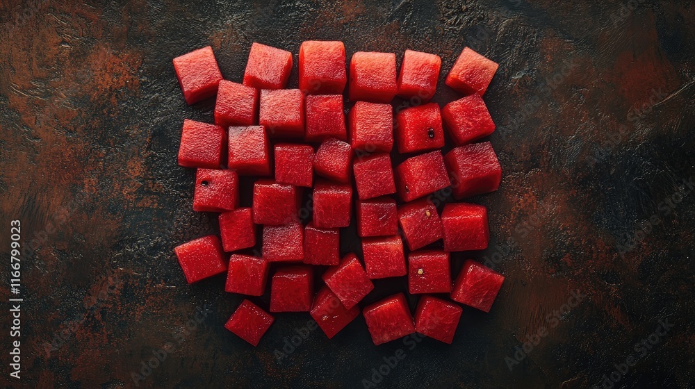 Poster overhead view of vibrant red watermelon cubes arranged on a textured dark background showcasing fres