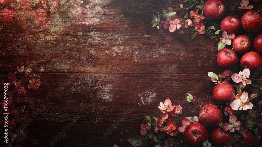 Aufkleber vibrant red apples adorned with delicate flowers on a rustic wooden background creating a natural an