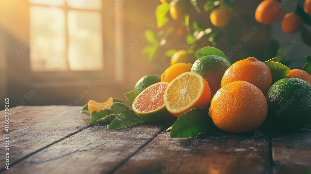 Poster citrus fruits arranged on a rustic wooden table with sunlight illuminating the scene creating a warm