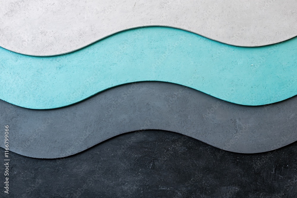 Poster abstract composition of wavy layers in shades of gray and teal on textured background