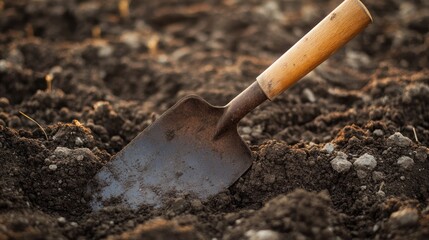 Garden Spade Resting on Freshly Turned Soil in a Sunlit Agricultural Field