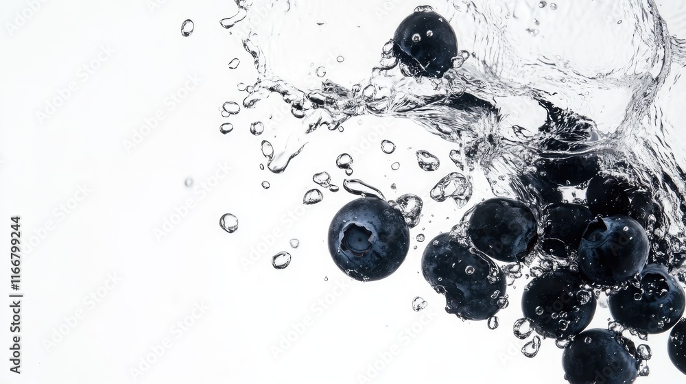 Aufkleber fresh wild blueberries splashed in water on white background with dynamic movement and vibrant color