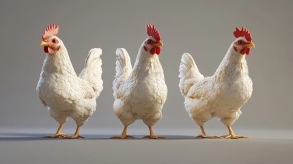 Fototapeta premium Realistic representation of three fresh chickens showcasing their distinctive features and posture against a neutral background.