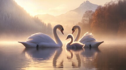 Fototapeta premium Serene family of swans gracefully gliding on a misty lake at dawn with majestic mountains in the background