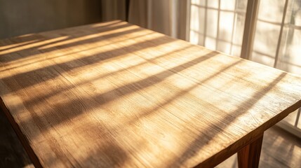 Sunlit Wooden Table with Striking Shadows Ideal for Product Display and Photography Settings