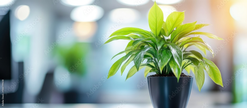 Poster green office plant in a modern workspace creating a serene atmosphere with a softly blurred backgrou