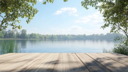Wooden Pier Overlooking Tranquil Lake with Lush Surroundings Ideal for Product Display and Nature Photography