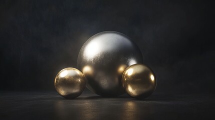 A silver ball rests beside two smaller golden spheres against a black void. Together, these orbs, symbols of abstract geometry, seem to float in an ethereal space. 