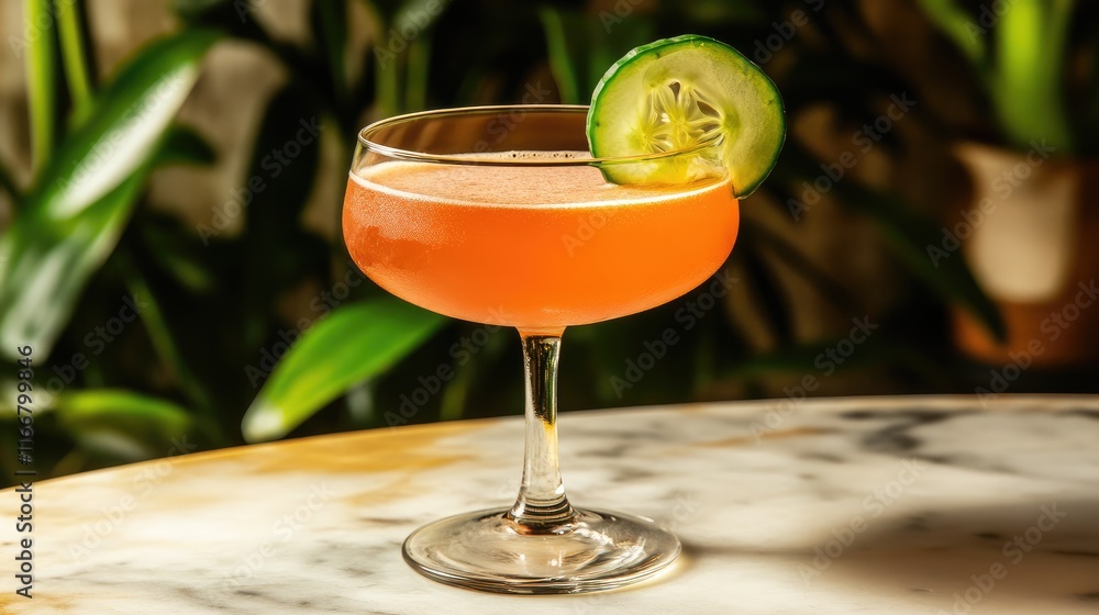 Poster refreshing cocktail with cucumber garnish served in a stylish glass on a marble table surrounded by 