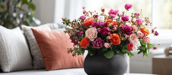 Vibrant flower vase arrangement on textured pillows in a stylishly decorated living room showcasing elegant home dÃ©cor elements