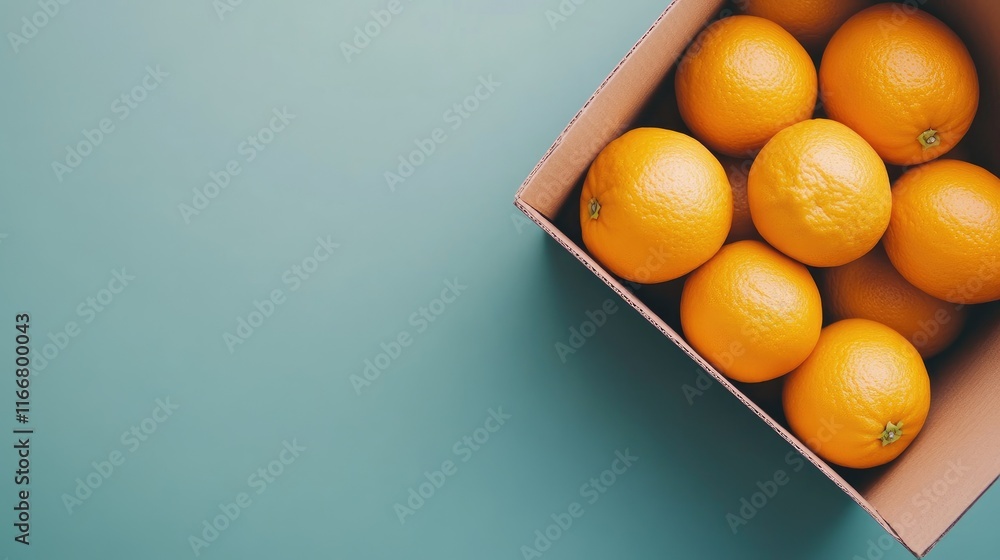 Aufkleber box of fresh ripe oranges on a teal background with empty space for text or promotional content in a