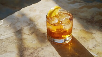 Refreshing iced tea cocktail garnished with lemon slice served on textured stone table in rustic style with soft natural lighting.