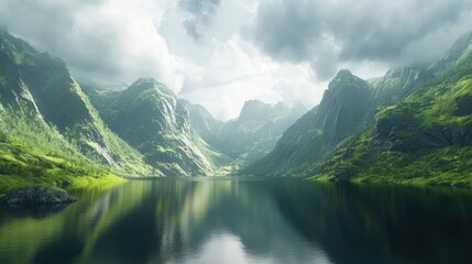 Fototapeta premium Breathtaking fjord surrounded by lush green mountains under a dramatic sky reflecting on calm waters