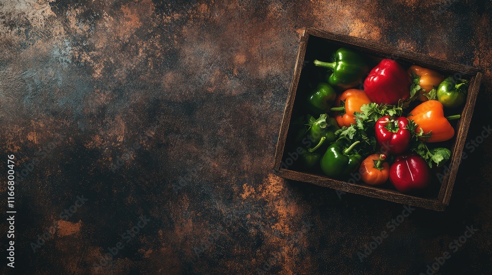 Poster colorful assorted bell peppers in a wooden box on a rustic table with ample copy space for food-rela