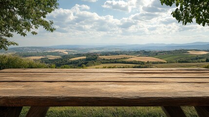 Obraz premium Wooden table with scenic outdoor landscape ideal for product display or photography under a clear sky and gentle clouds