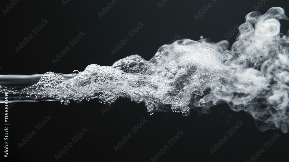 Poster fresh clear water stream flowing from a tube creating bubbles against a soft focus dark background f