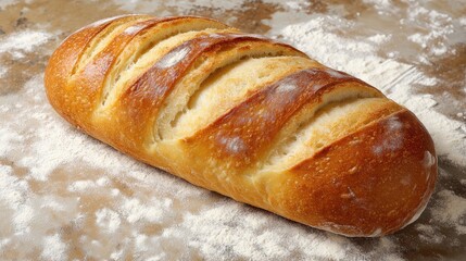 Artisan Bread Loaf with Crispy Crust on a Dusting of Flour in a Rustic Kitchen Setting