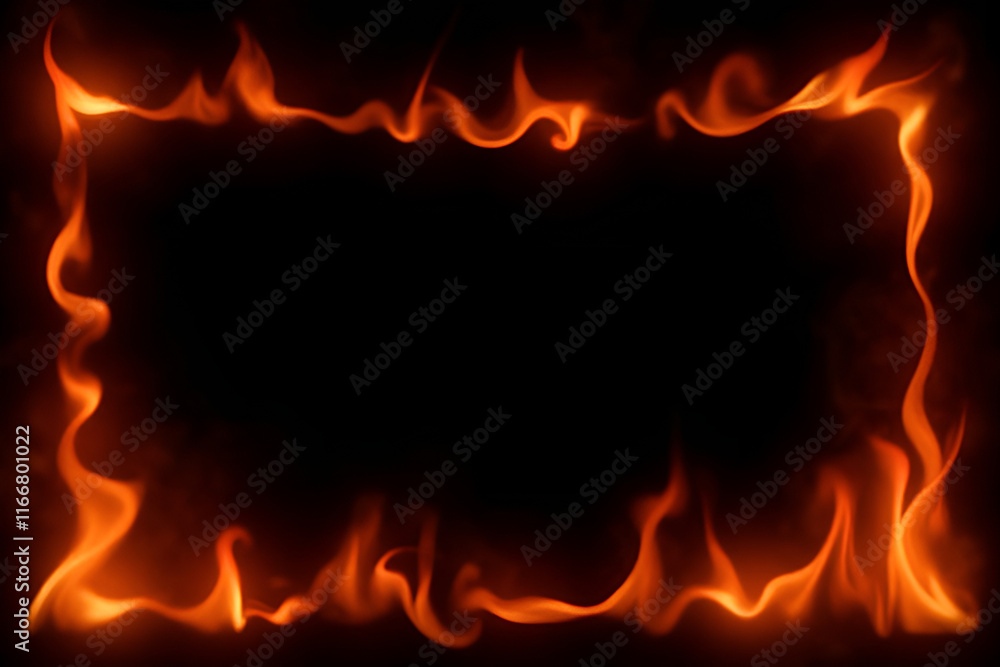 Wall mural abstract frame of flames and smoke on black background with copy space. rectangular border of bright