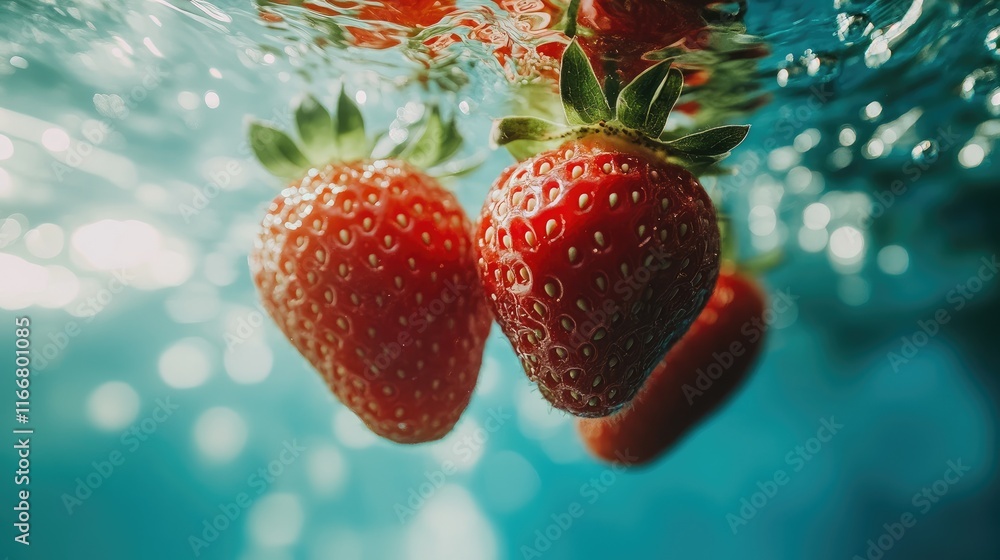 Poster vibrant fresh strawberries submerged in clear water creating a refreshing and appetizing visual with