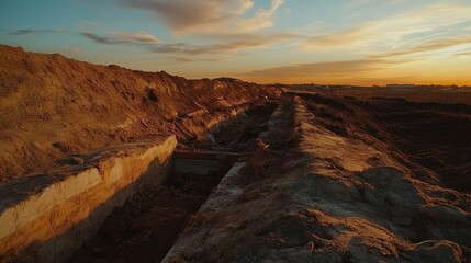 Farming Excavation Landscape at Sunset with Dramatic Sky and Earthworks in Close Up