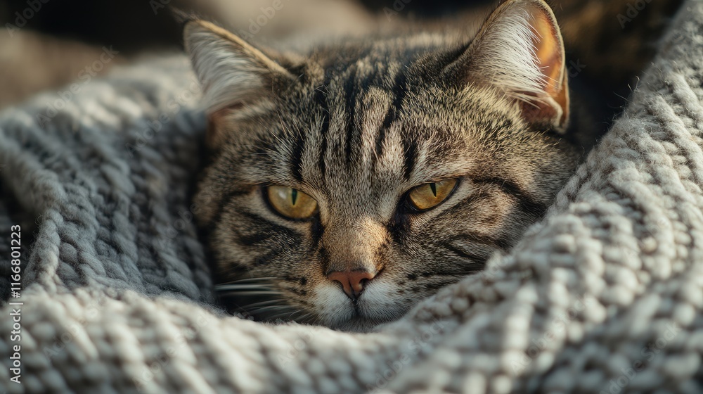 Poster close-up view of a relaxed tabby cat resting on a soft blanket highlighting its fur and striking yel