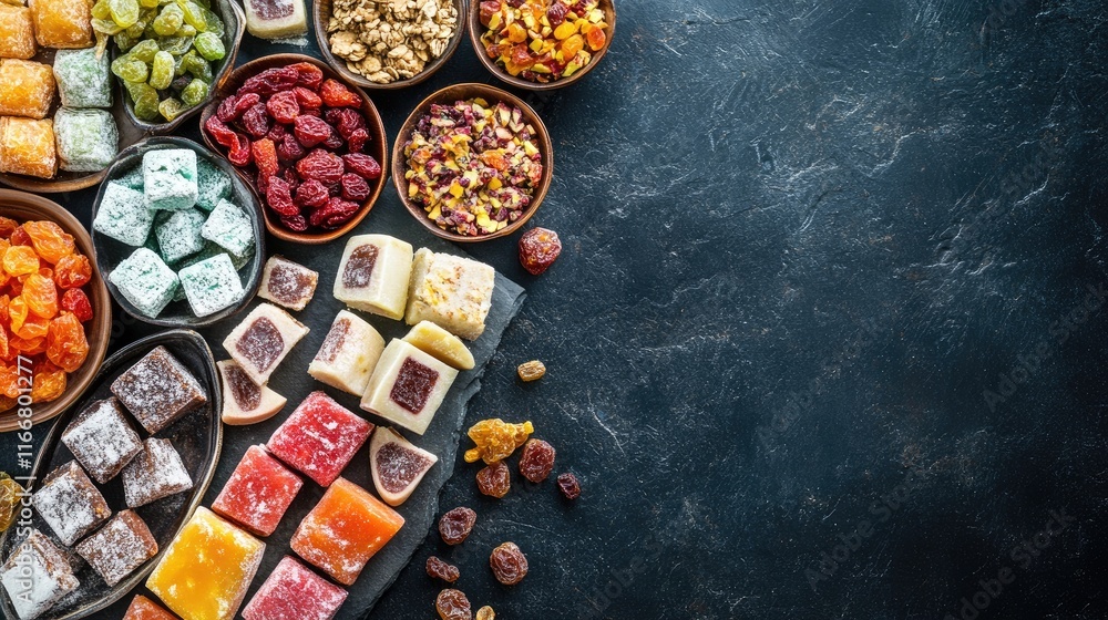 Poster flavored turkish sweets and dried fruits arranged in bowls on a dark textured surface with ample cop