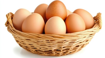 Freshly harvested brown eggs arranged in a rustic woven basket showcasing farm to table authenticity and natural produce appeal