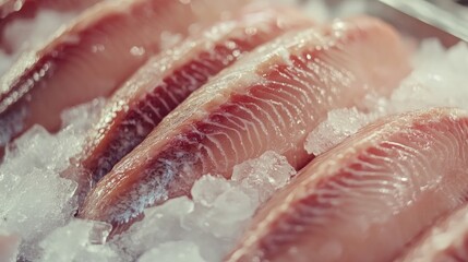 Fresh Dorade Sea Bream Fillets on Ice Displayed at Market Close-Up Seafood Photography