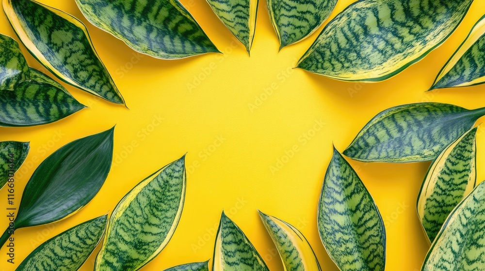 Poster snake plant leaves arranged in a circular pattern on a vibrant yellow background top view flat lay b