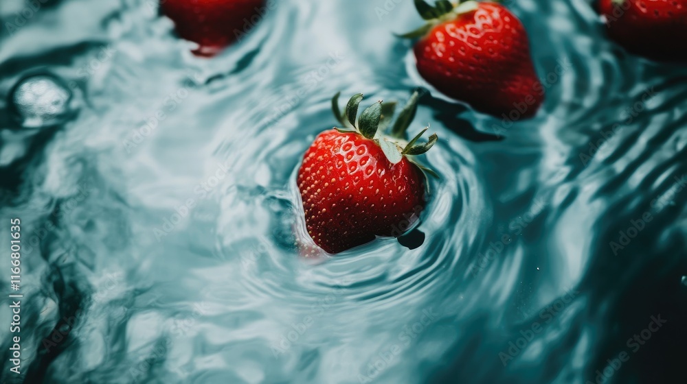 Poster ripe strawberries gracefully floating on the surface of water creating beautiful ripples and reflect