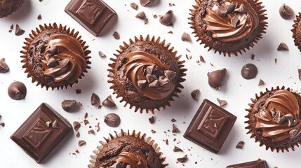 Deliciously decadent chocolate muffins topped with creamy frosting and chocolate shavings on a clean white background