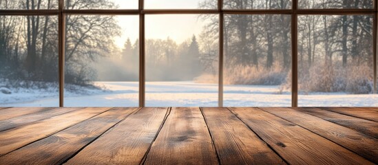 Winter landscape view with an empty wooden desk offering space for decoration and products under...