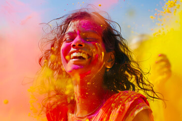 Against the backdrop of a colorful Holi festival, an Indian girl joyfully splashes vibrant colors on her friends, their laughter echoing the joy of celebration and the triumph of good over evil.